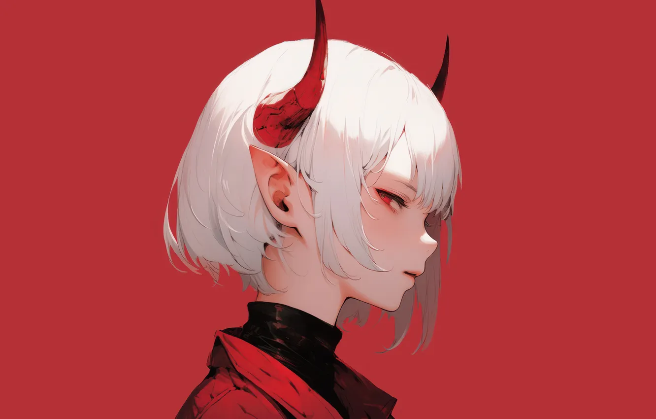 Фото обои Red Eyes, White Hair, red background, Horn, Anime Girls, Demon Girl