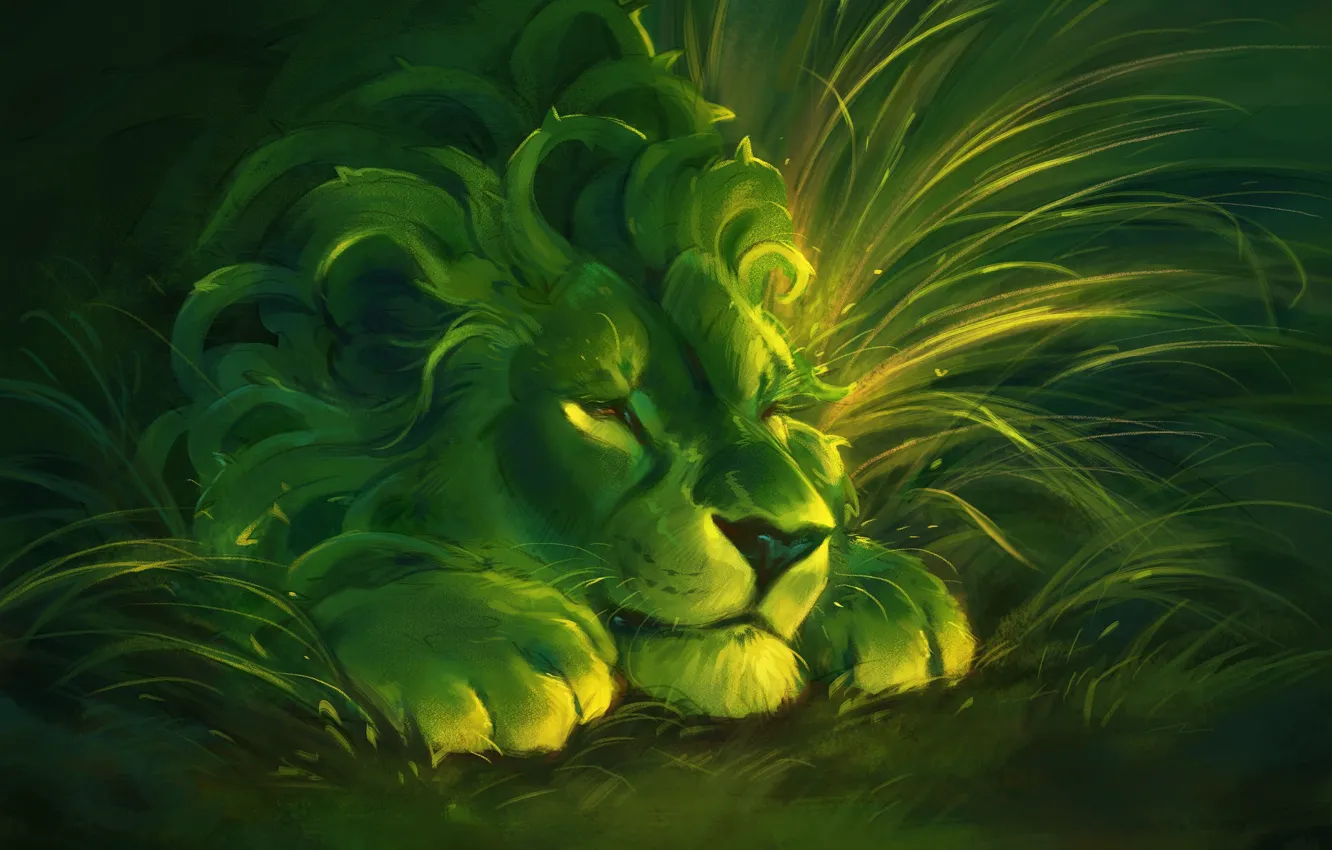 Фото обои зелень, лев, зверь