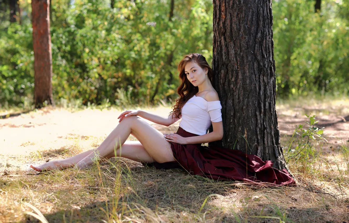 Фото обои юбка, ножки, прелесть, Murat Kuzhakhmetov, Portrait of a beautiful young girl in the forest