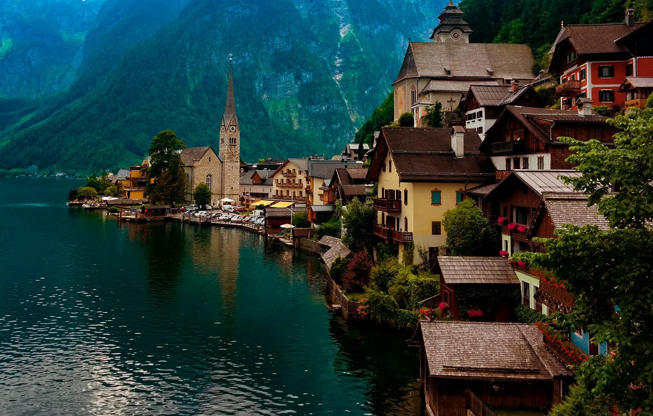 Фото обои пейзаж, горы, природа, озеро, дома, Австрия, Hallstatt, Гальштат