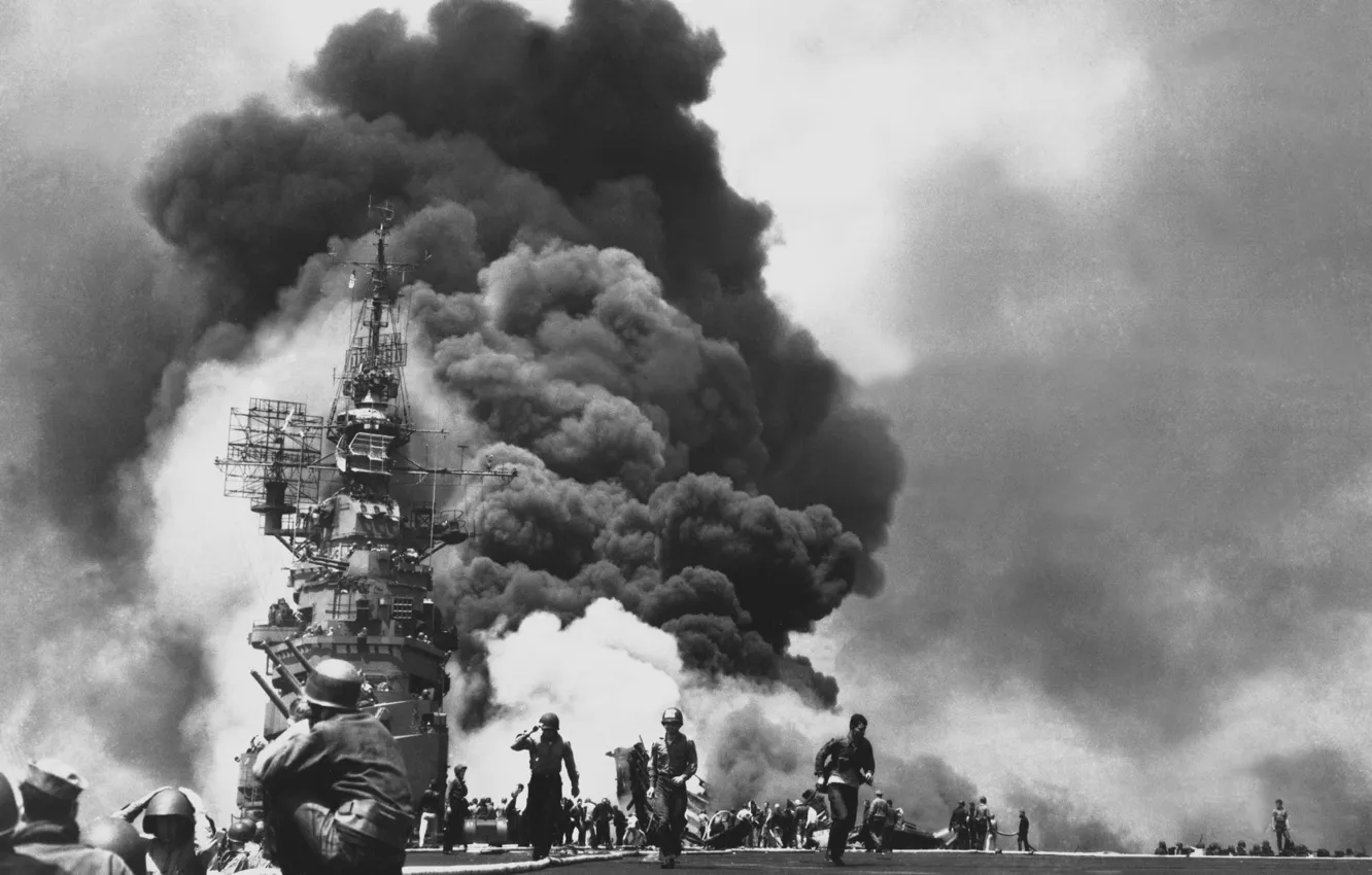 Фото обои Пожар, авианосец, Банкер-Хилл