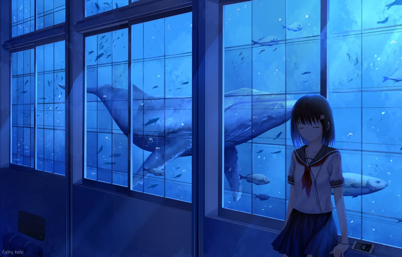 Фото обои океан, рыба, окно, кит, школьница