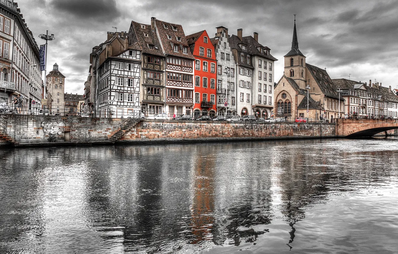 Фото обои мост, река, краски, Франция, дома, Страсбург