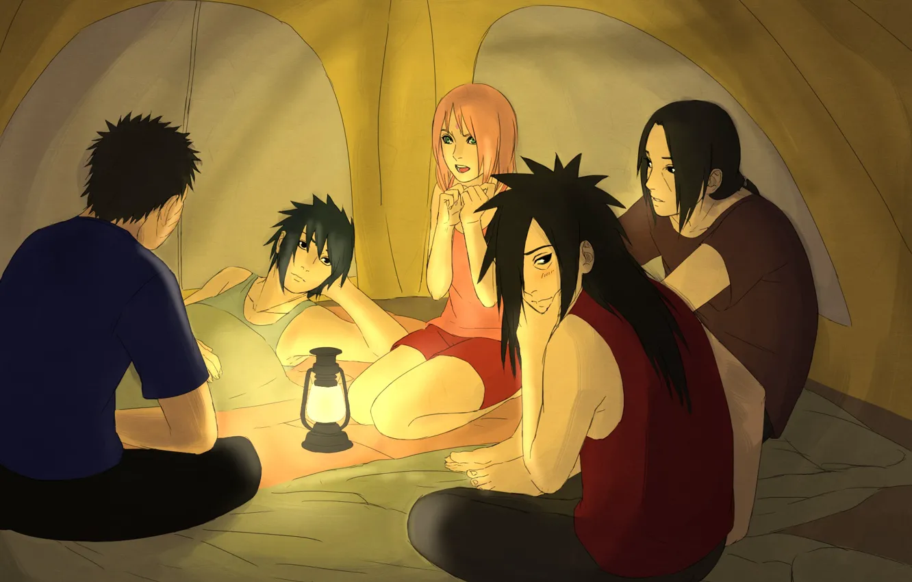 Фото обои фонарь, палатка, naruto, art, Itachi Uchiha, Sasuke Uchiha, Sakura Haruno, Madara Uchiha