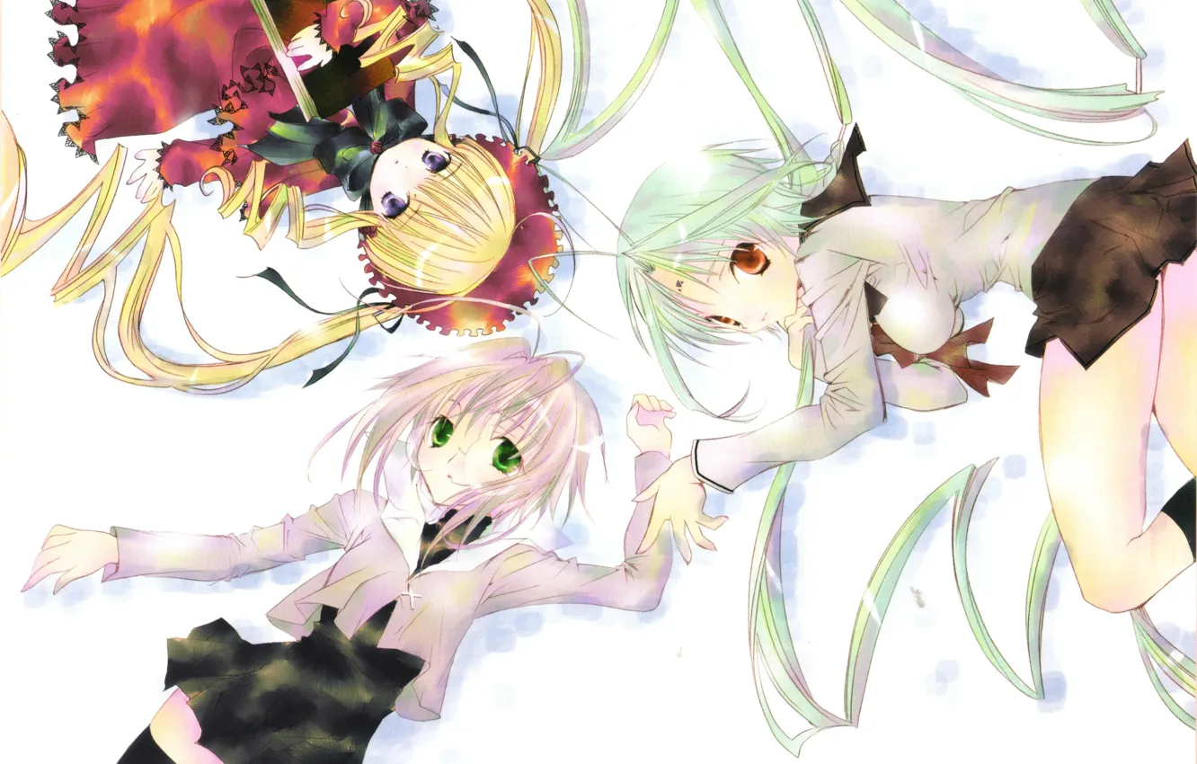 Фото обои белый фон, форма, rozen maiden, трое, art, shinku, капор, peach-pin