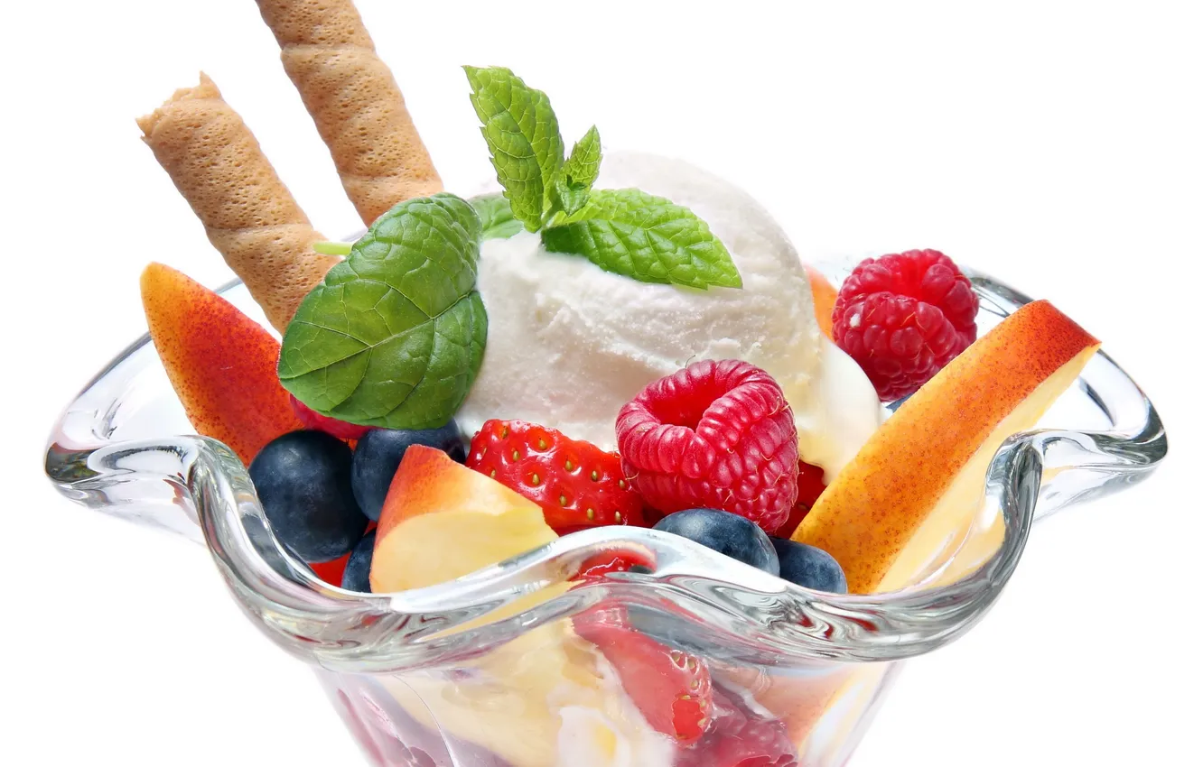 Фото обои ягоды, малина, черника, клубника, мороженое, сладости, десерт