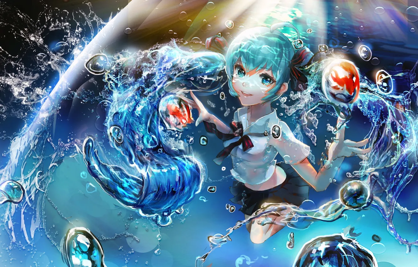 Фото обои вода, капли, музыка, арт, девочка, vocaloid, miku hatsune