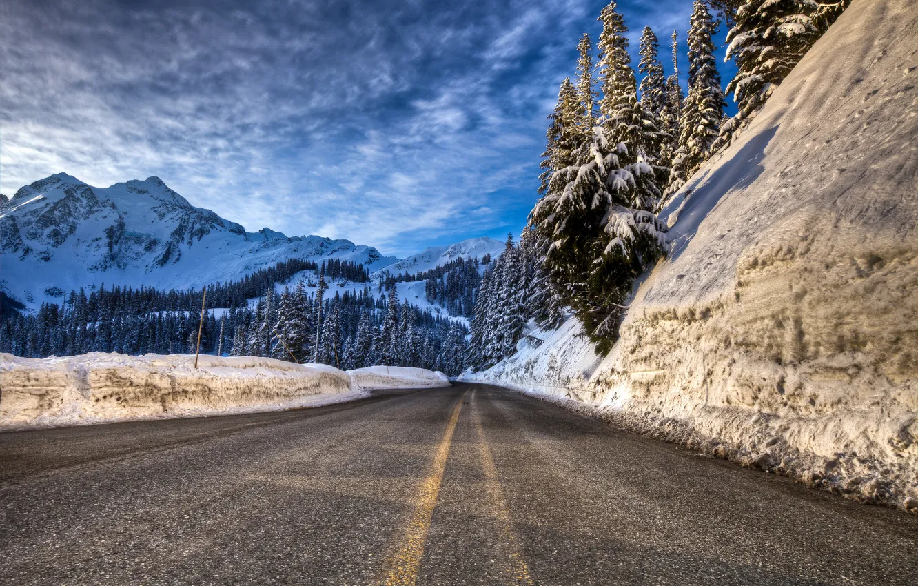Фото обои forest, road, winter, mountain, snow