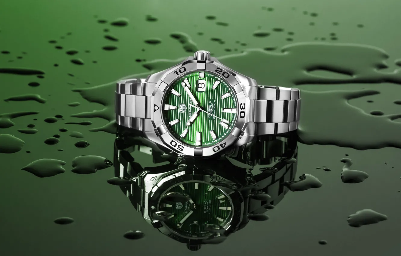 Фото обои green, часы, TAG Heuer, Aquaracer, calibre 5