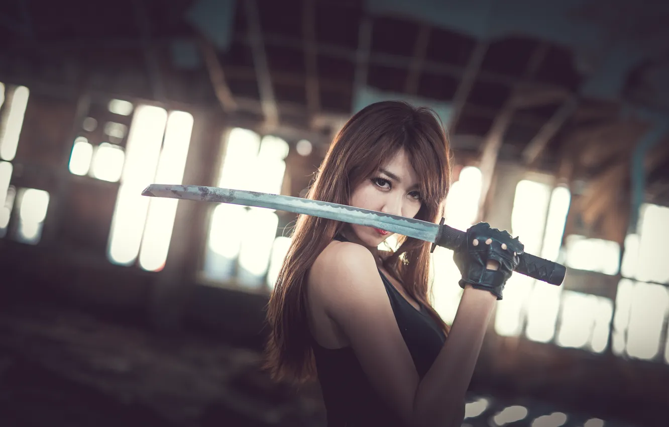 Фото обои девушка, фон, меч, азиатка
