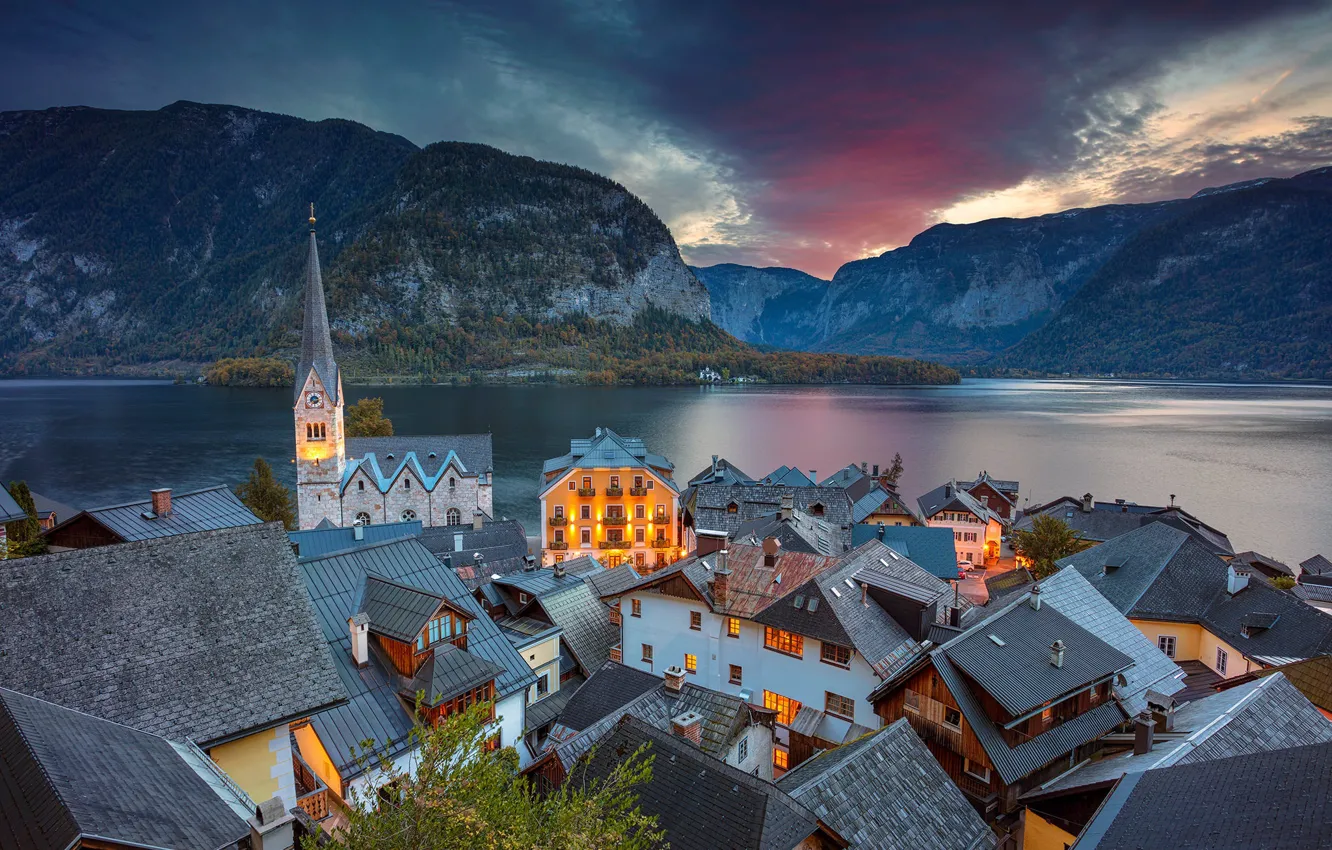 Фото обои горы, озеро, дома, вечер, Австрия, крыши, Альпы, церковь