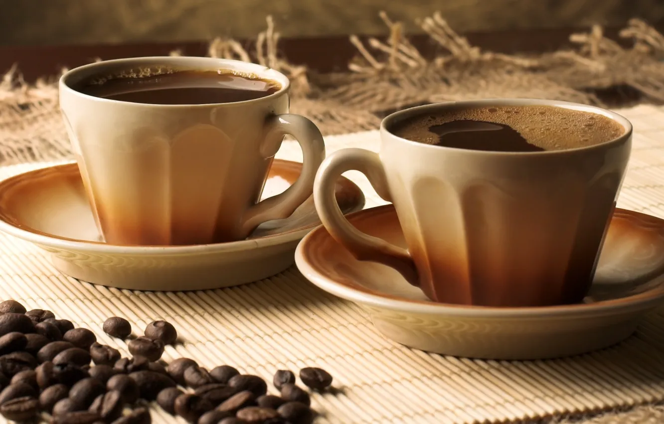 Фото обои кофе, зерна, чашки, блюдца, coffee