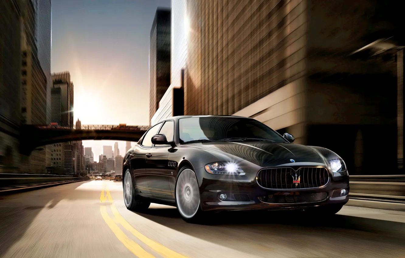 Фото обои Maserati, Quattroporte, Дорога, Черный, Город, Лого, Автомобиль, Экзотика