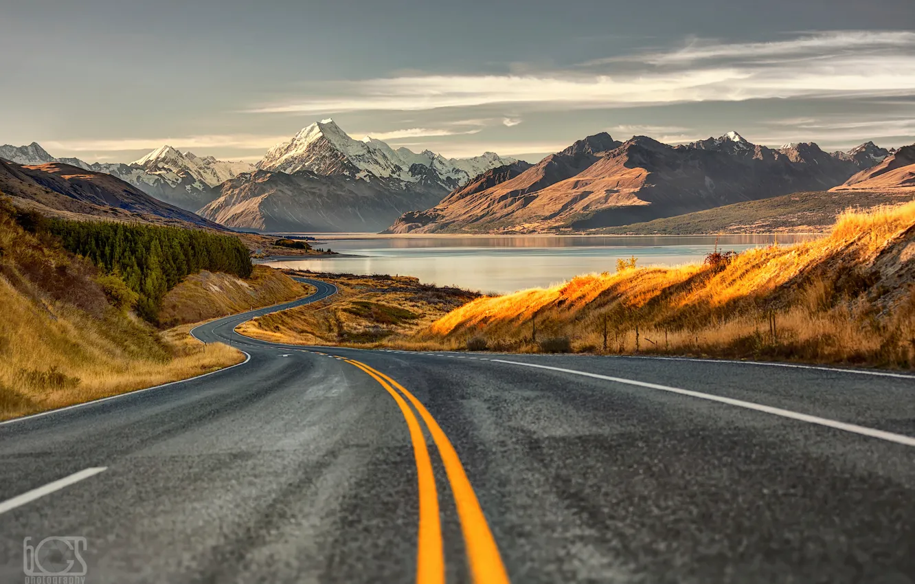 Фото обои дорога, горы, Новая Зеландия, остров Южный, Южные Альпы