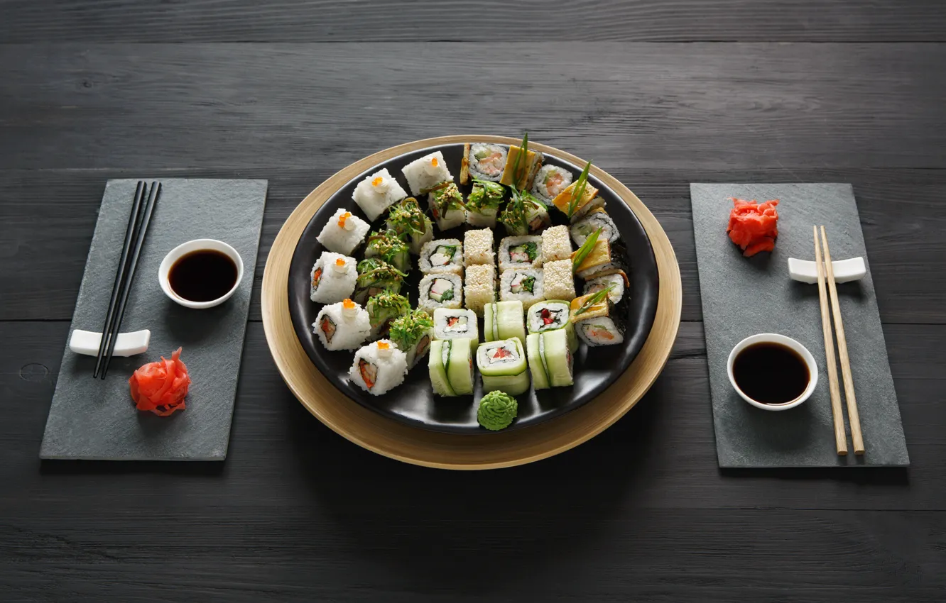 Фото обои палочки, соус, sushi, суши, роллы, имбирь, set, вассаби