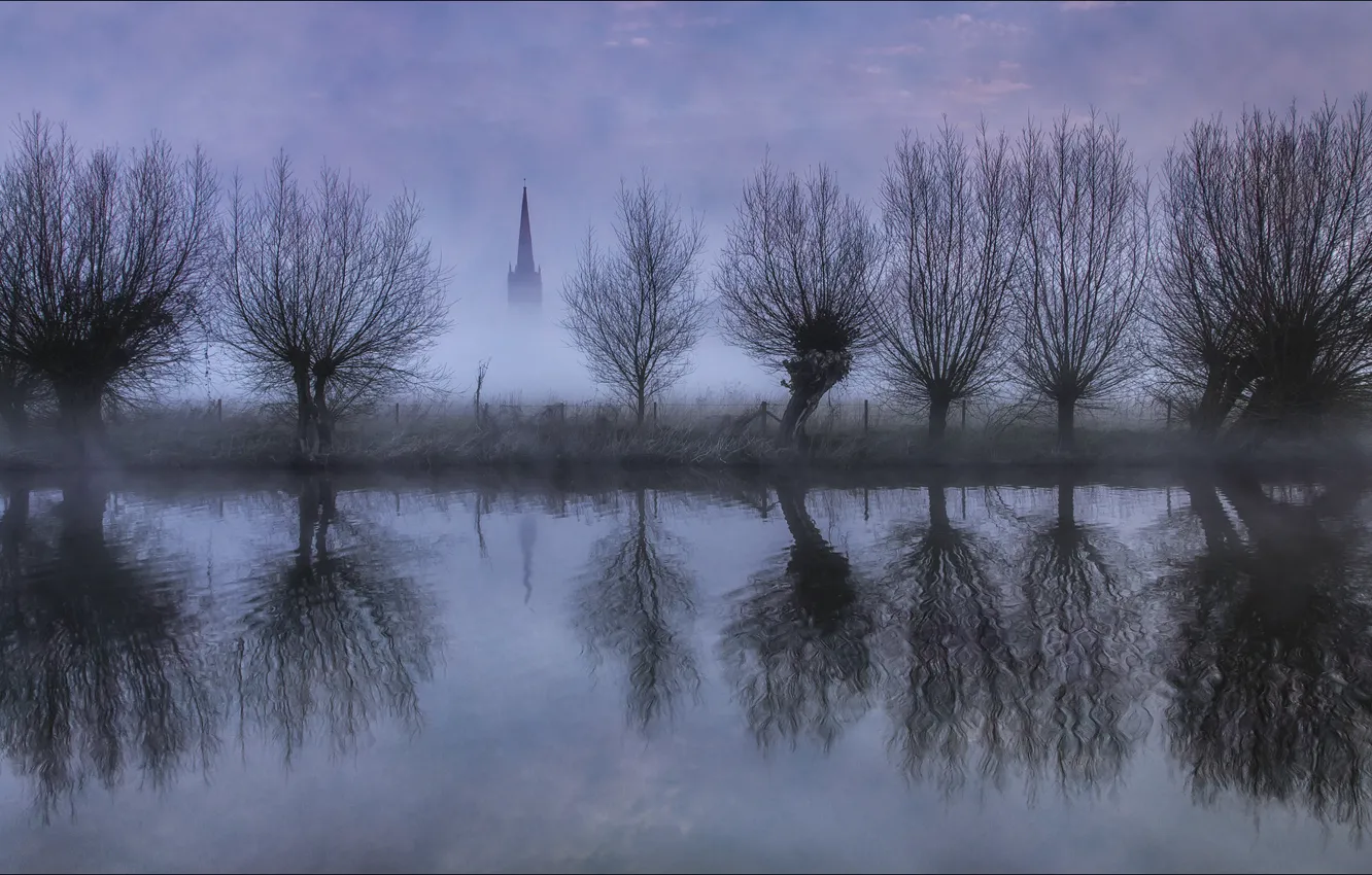 Фото обои sunrise, Thames, reflection, Gloucestershire, Lechlade, St. Lawrence Church, river thames