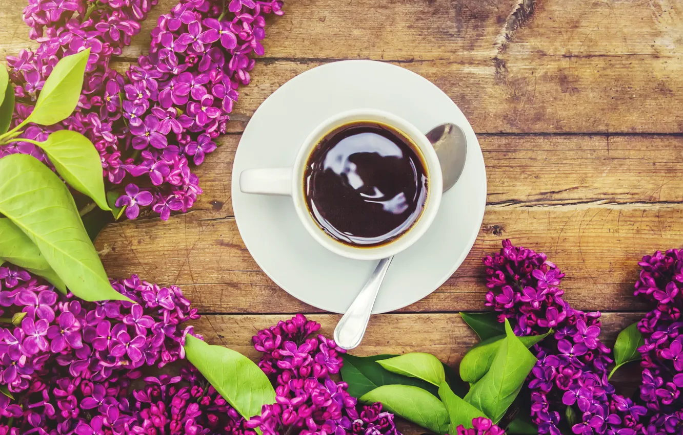 Фото обои цветы, flowers, сирень, romantic, coffee cup, lilac, чашка кофе