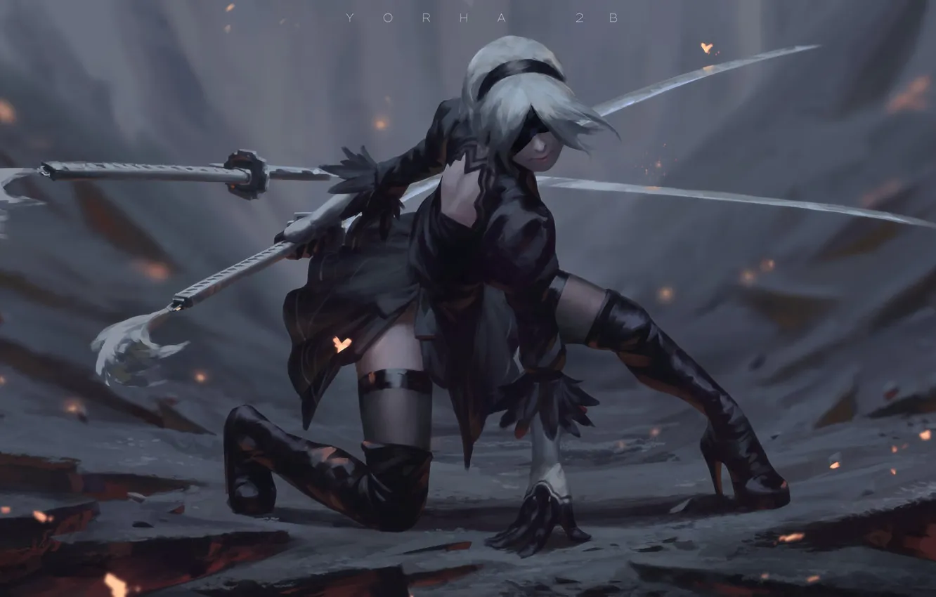 Фото обои wallpaper, video game, black dress, blindfold, nier automata