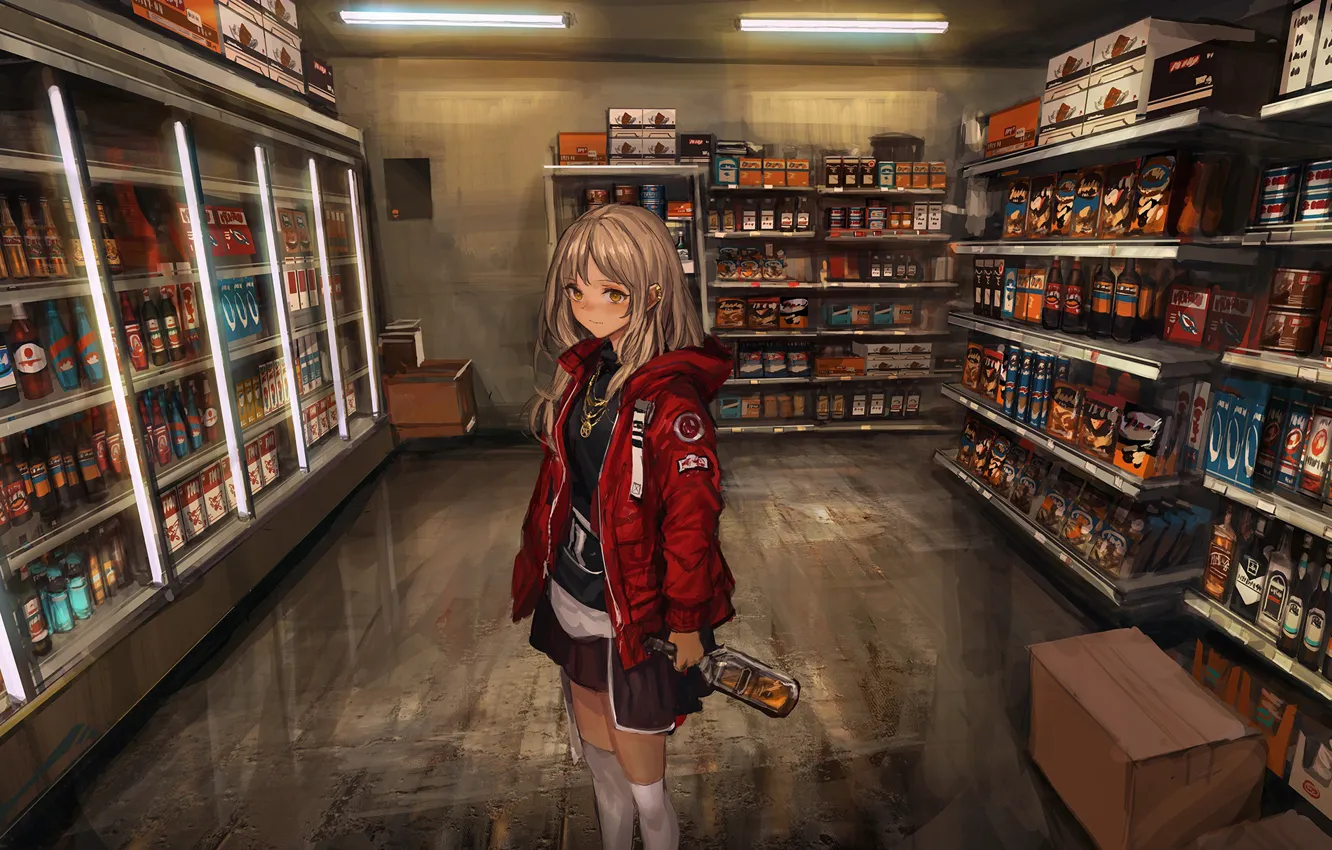 Фото обои девушка, чулки, аниме, арт, алкоголь, форма, бутылки, магазин