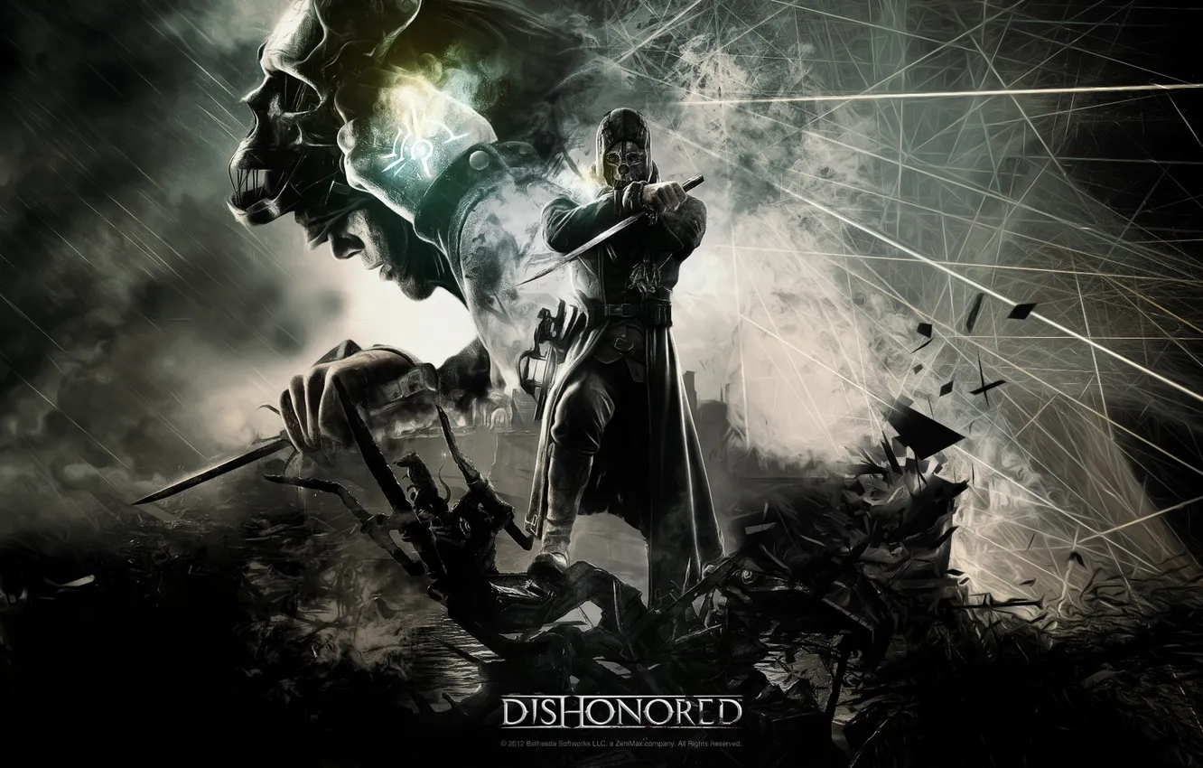 Фото обои абстракция, город, маска, кинжал, убийца, Dishonored, Видеоигра