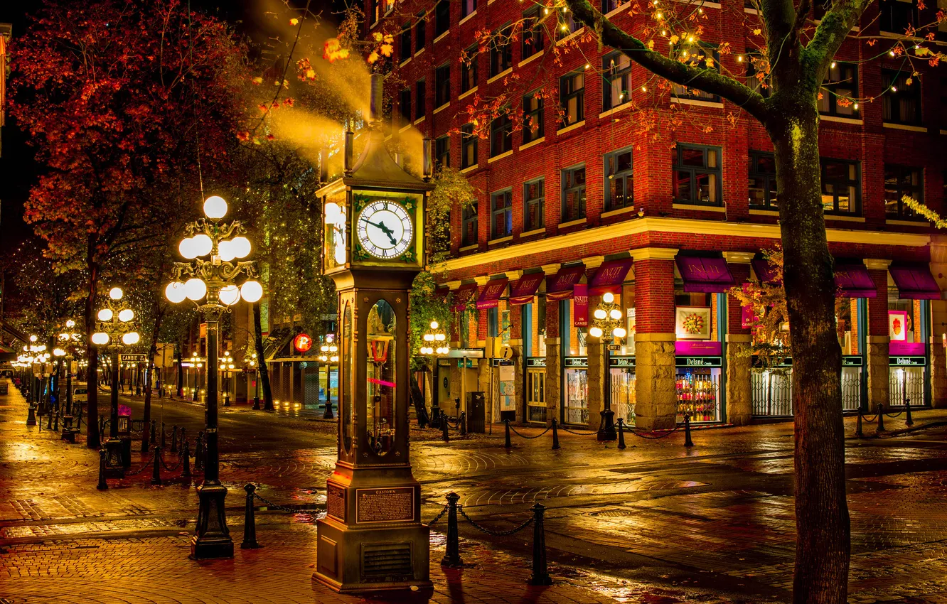 Фото обои ночь, город, улица, часы, фонари