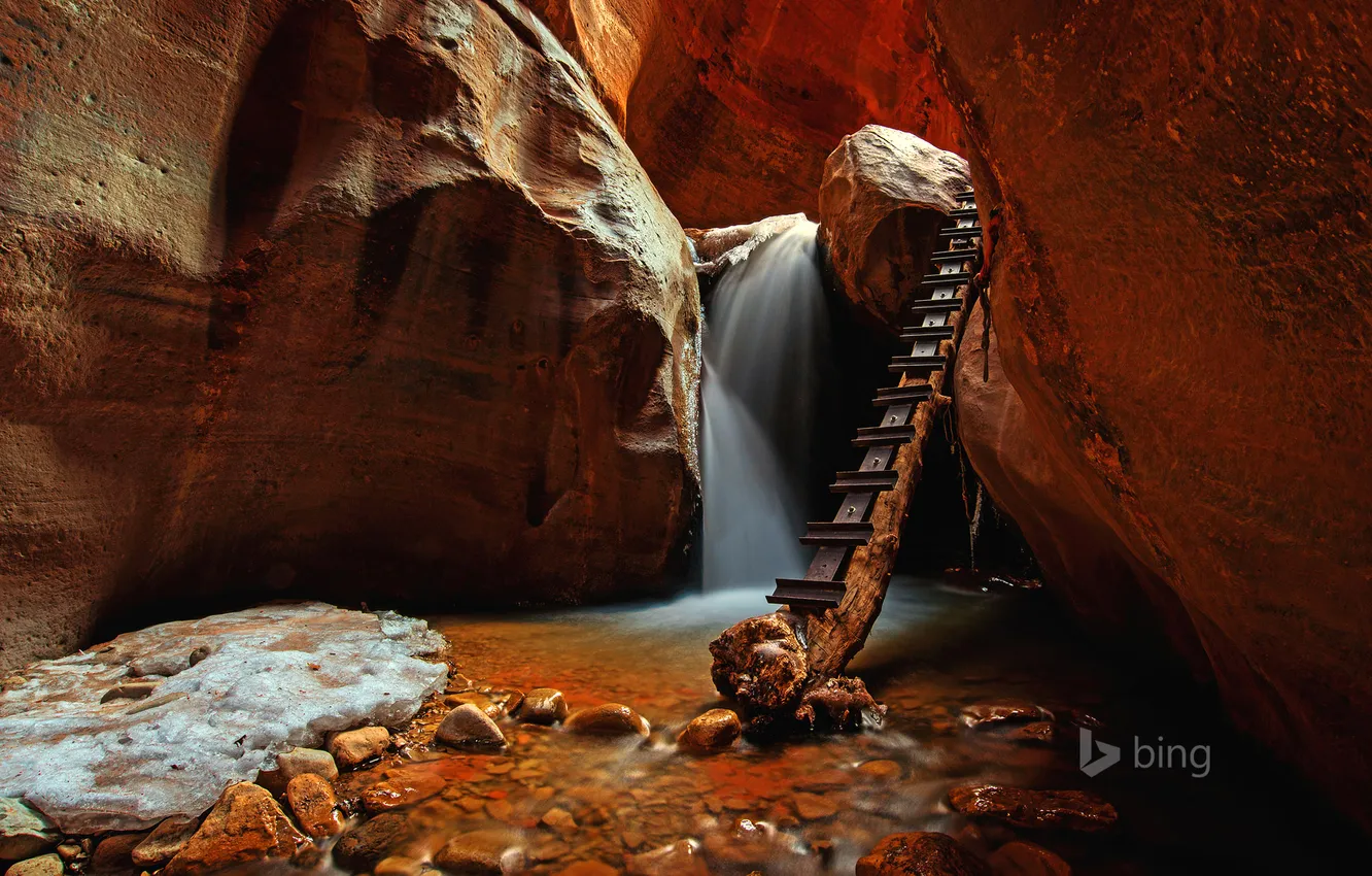Фото обои камни, водопад, поток, каньон, ущелье, Юта, США, Utah
