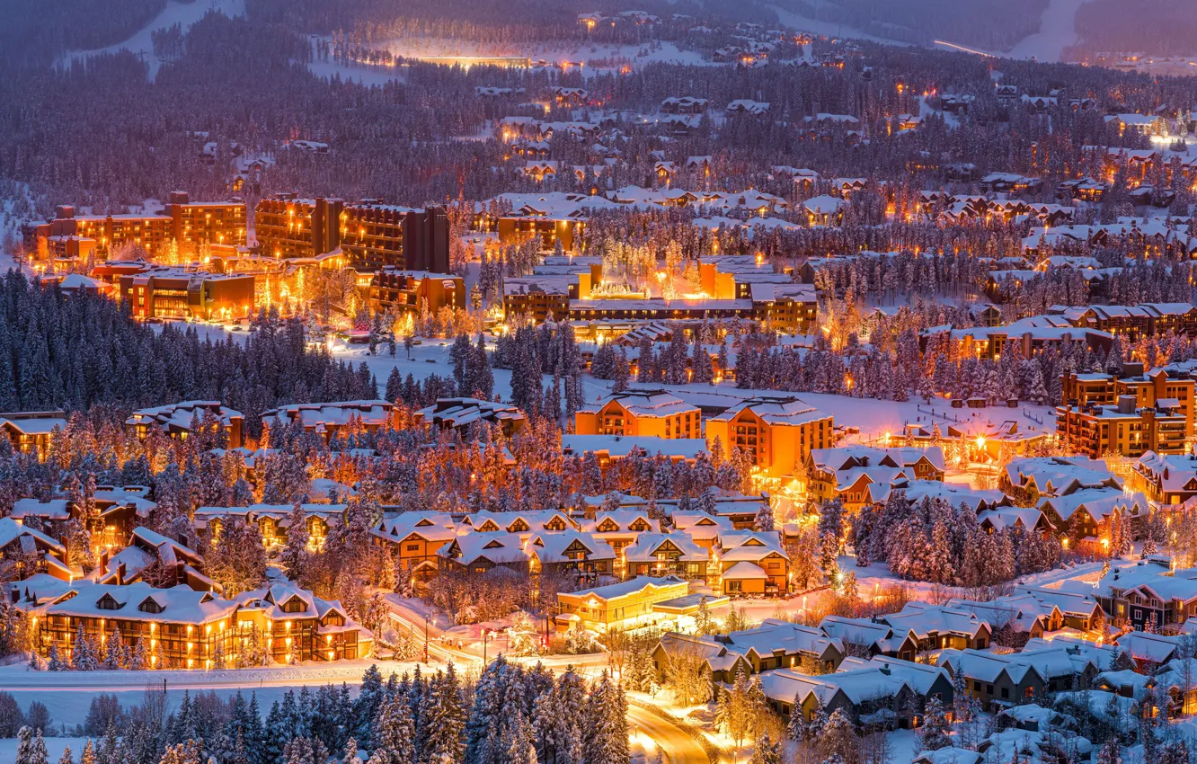 Фото обои зима, город, огни, дома, Колорадо, USA, США, вид сверху