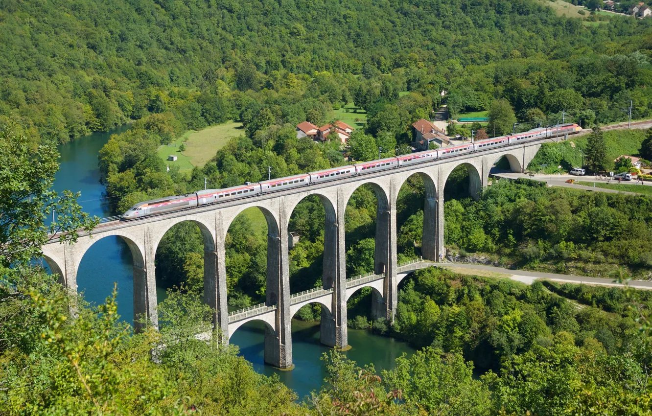 Фото обои лес, мост, река, Франция, поезд, France, виадук, Река Эн