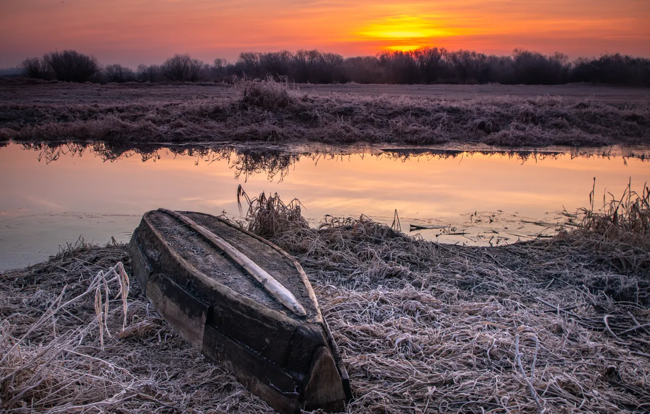 Фото обои закат, река, лодка