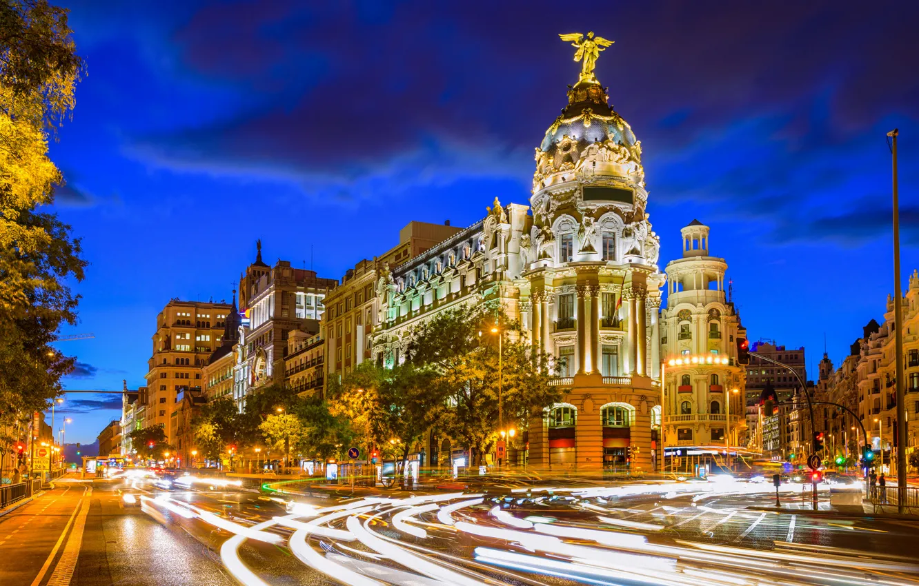 Фото обои ночь, улица, выдержка, Испания, Night, Spain, Madrid, Calle de Alcalá Gran Vía