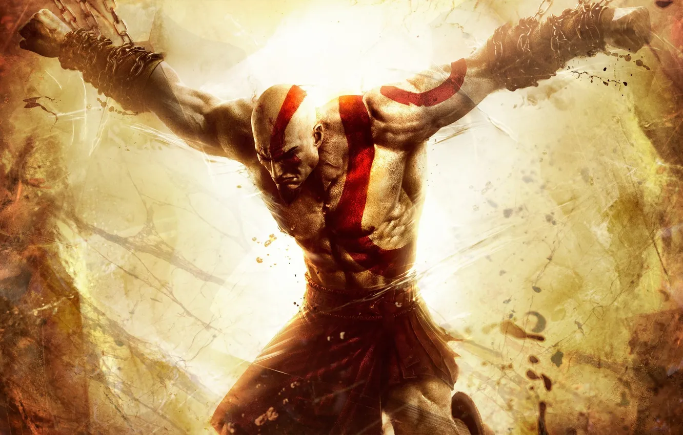 Фото обои боль, цепи, Kratos, Кратос, PS3, шрамы, прикован, Sony Computer Entertainment