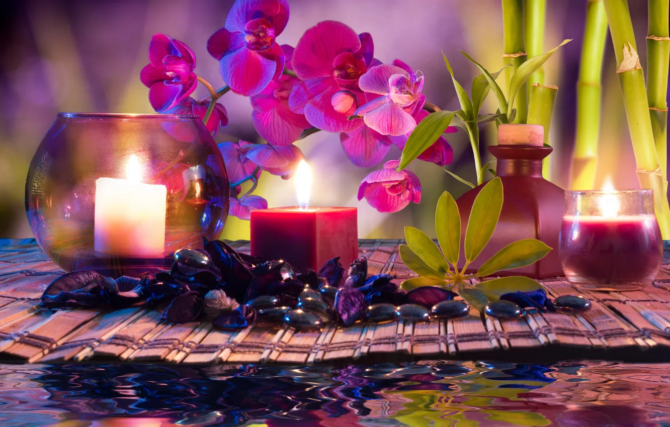 Фото обои вода, цветы, свечи, бамбук, орхидеи, water, flowers, Spa