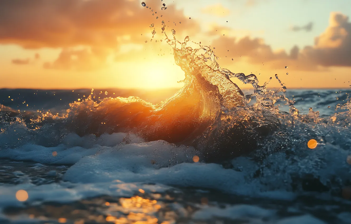 Фото обои море, волны, небо, пена, солнце, облака, закат, брызги