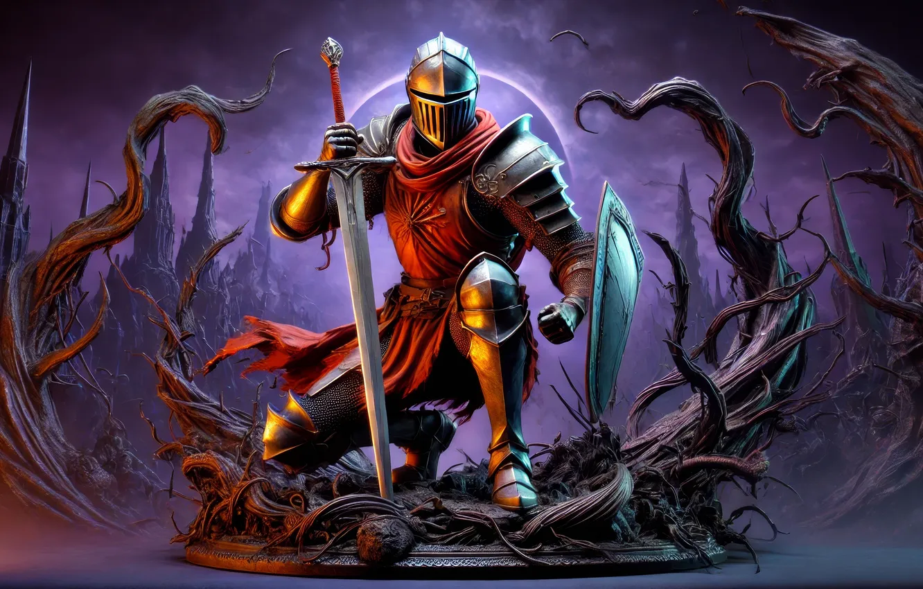 Фото обои sword, shield, Dark Souls, RPG, knight, helmet, kneeling, video games