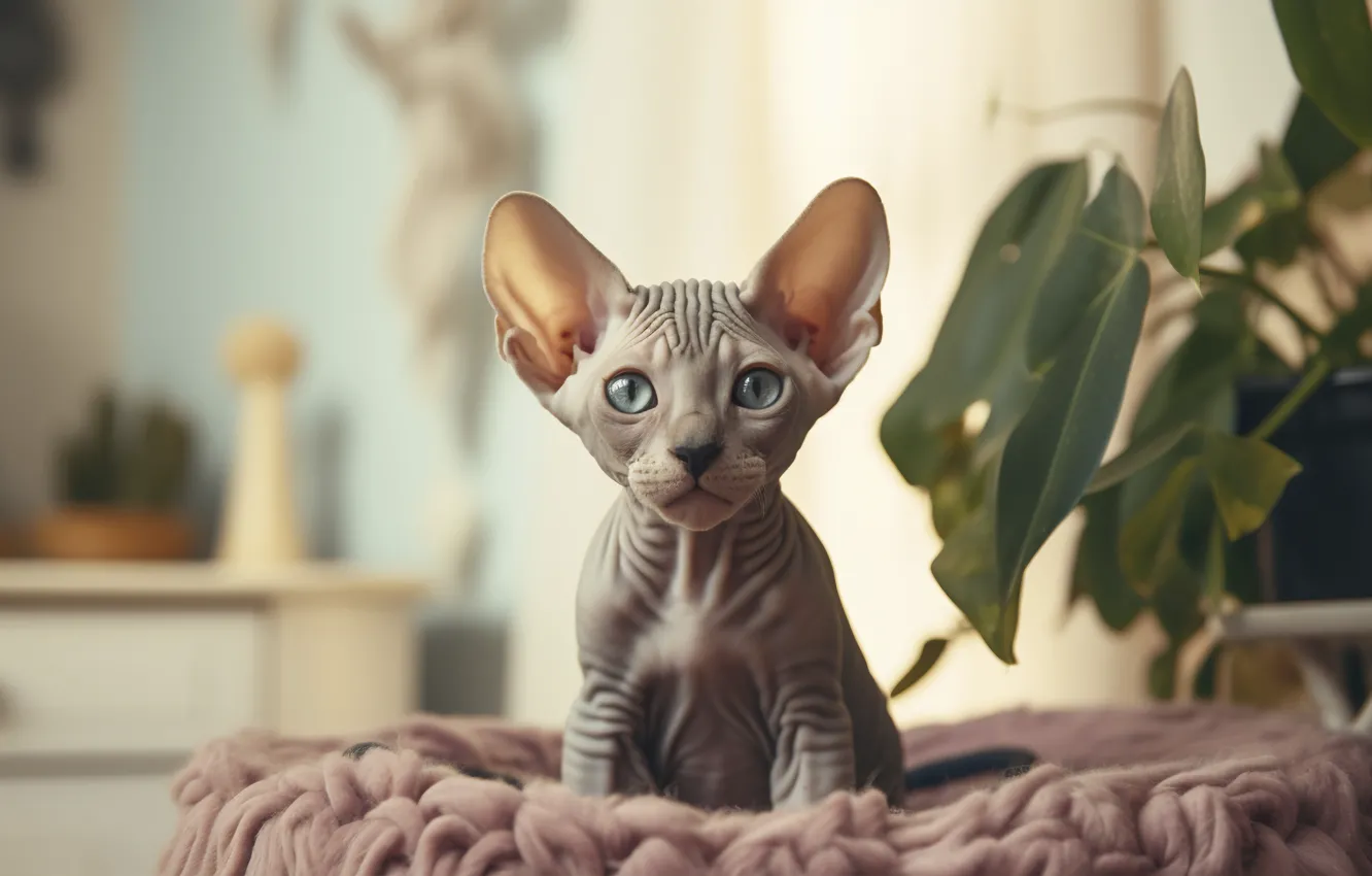 Фото обои кошка, взгляд, листья, поза, котенок, серый, комната, растения