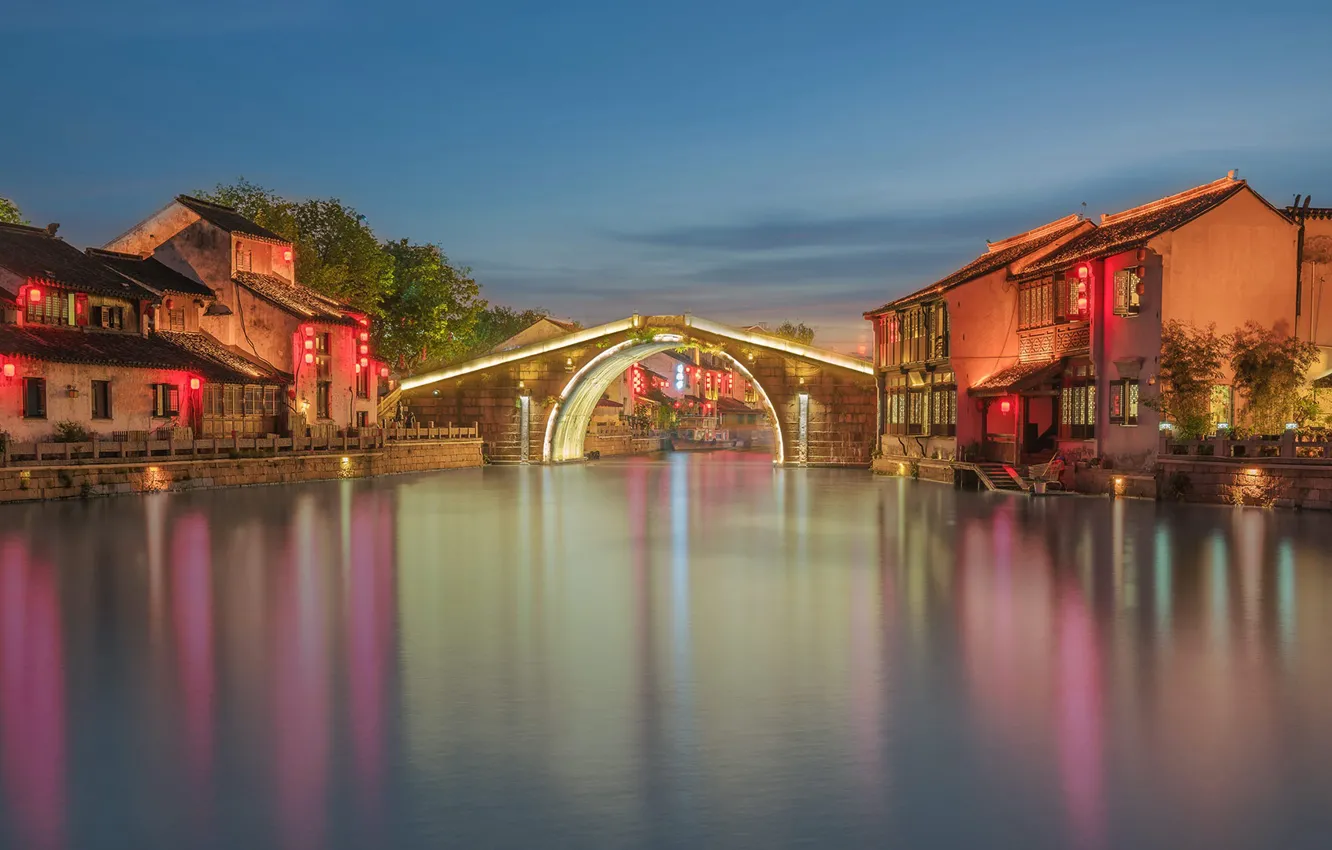 Фото обои мост, огни, дома, Китай, Уси, Qingming Bridge
