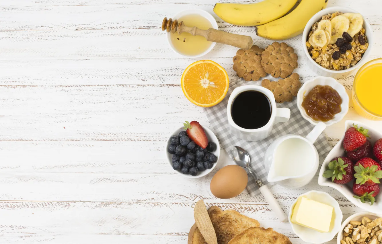 Фото обои кофе, еда, завтрак, печенье, бананы, фрукты, Coffee, breakfast