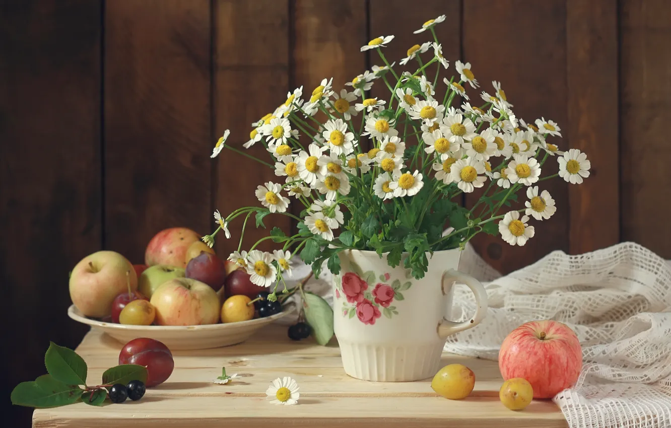 Фото обои цветы, яблоки, букет, фрукты, натюрморт, flowers, still life, bouquet