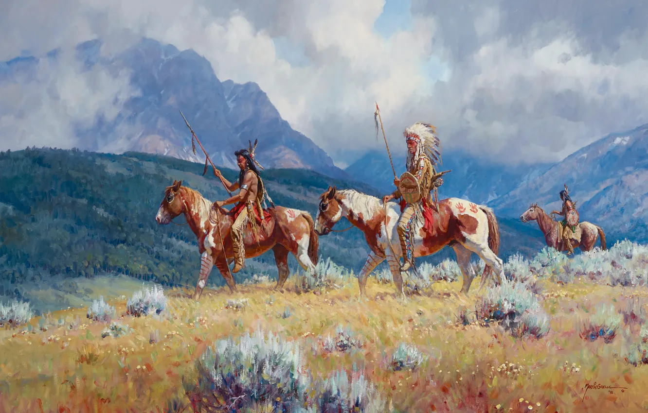 Фото обои Горы, Картина, Индейцы, Лошади, Воины, Martin Grelle, Американский художник, Мартин Грелле