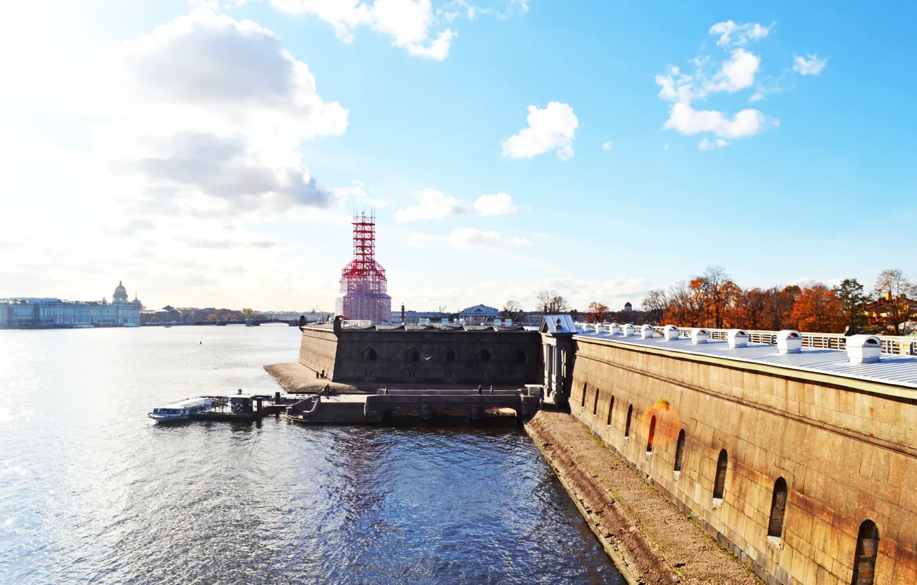 Фото обои Солнце, Облака, Осень, Петропавловская крепость, Нева, St.Petersburg, Северная столица, Санк-Петербург
