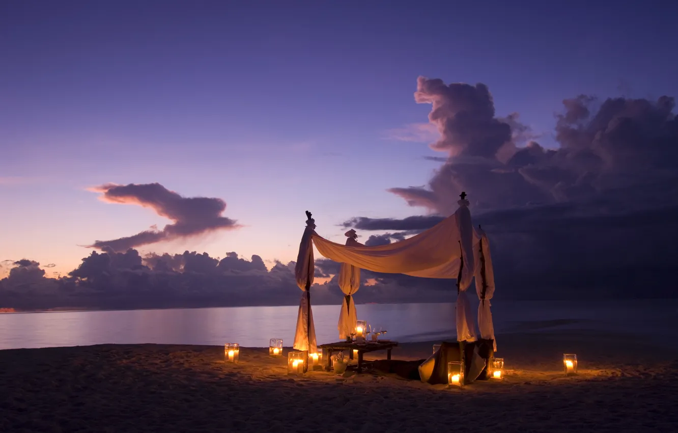 Фото обои пляж, океан, вино, романтика, вечер, свечи