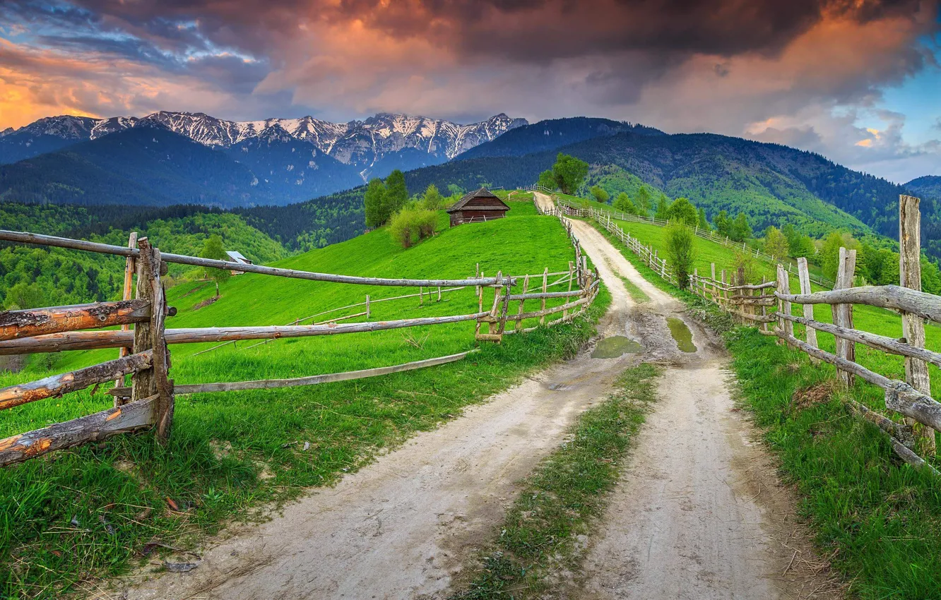 Фото обои house, road, mountain, village