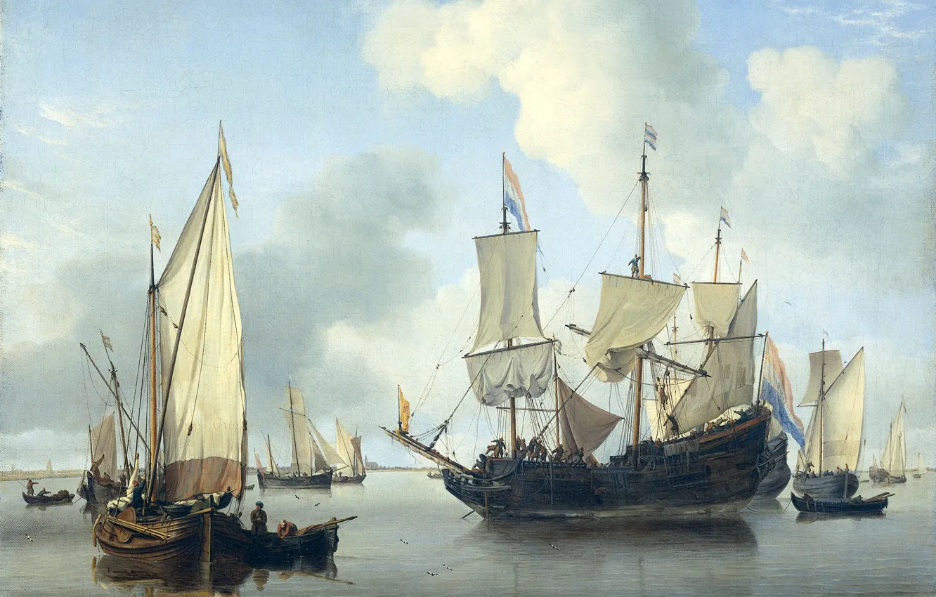 Фото обои масло, картина, парус, холст, морской пейзаж, Виллем ван де Велде Младший, Корабли на Якоре у …