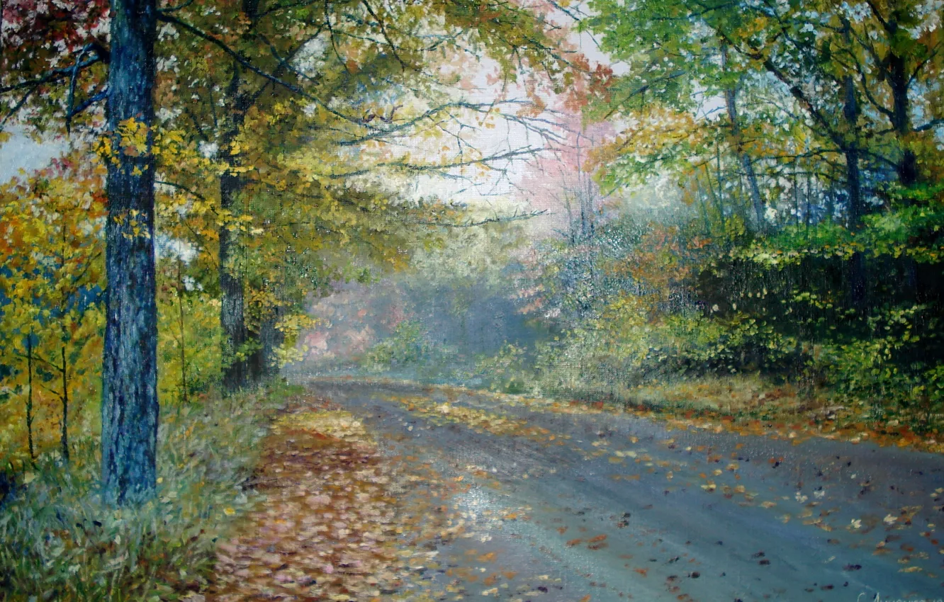 Фото обои дорога, лес, деревья, пейзаж, листва, картина, живопись, Луценко