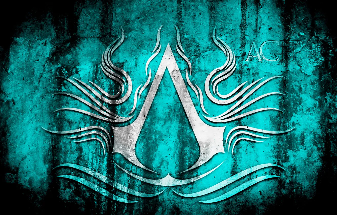 Фото обои эмблема, assassins creed, голубой фон