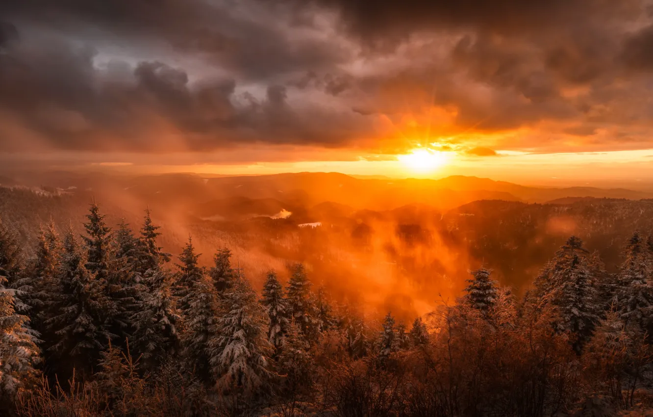 Фото обои зима, закат, горы