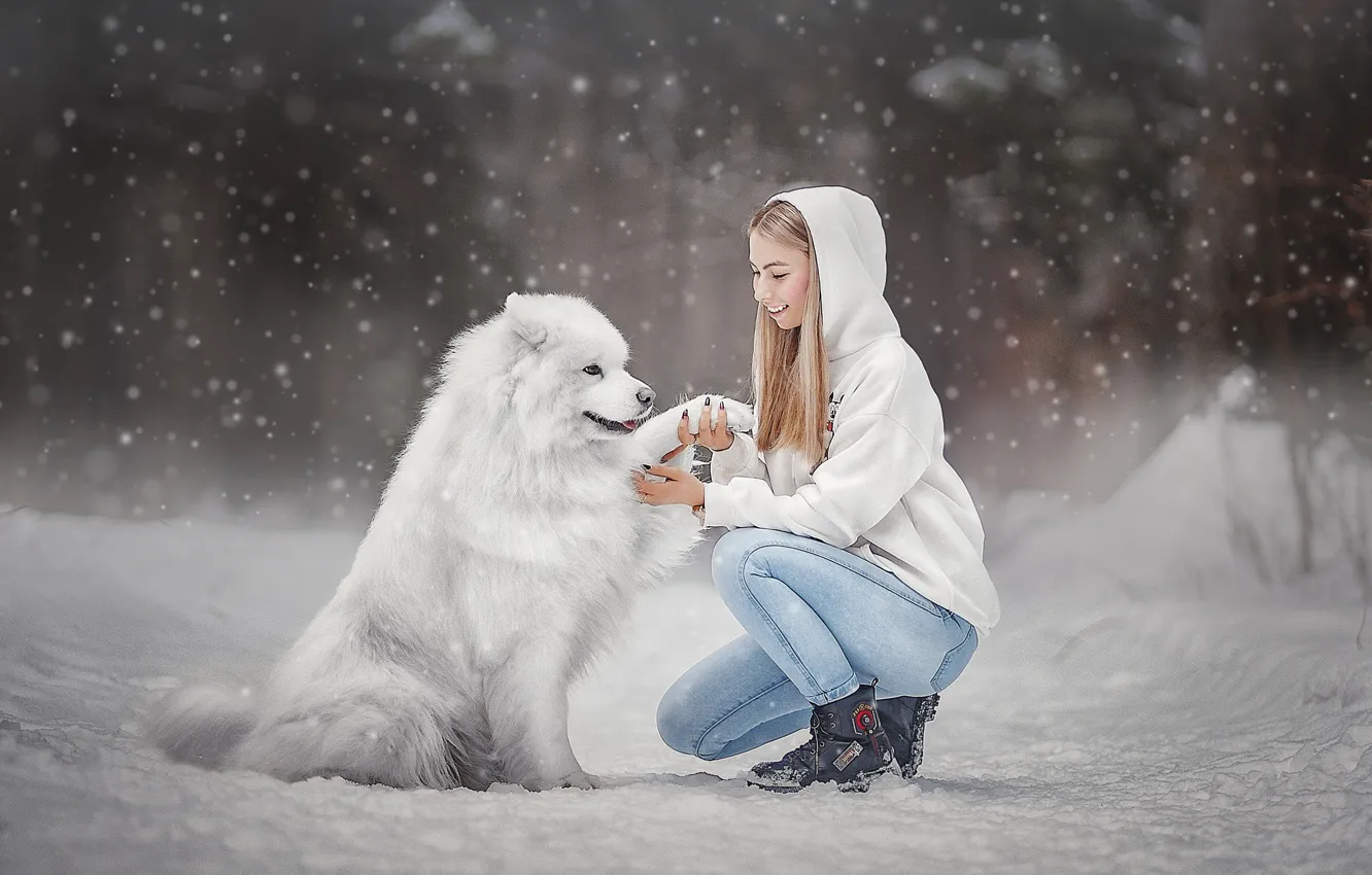 Фото обои зима, девушка, снег, собака, пёс, Ксения Лысенкова