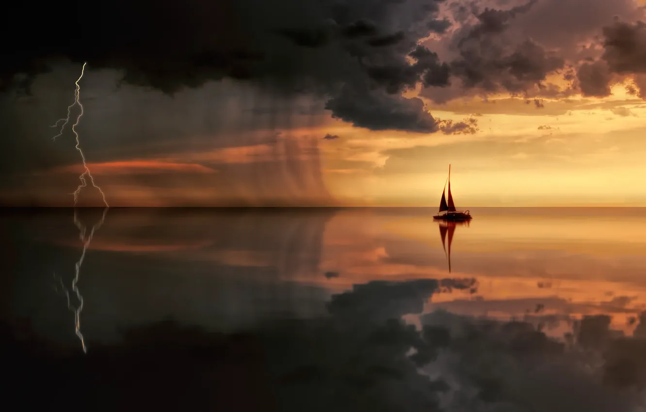 Фото обои море, тучи, молния, лодка, парусник