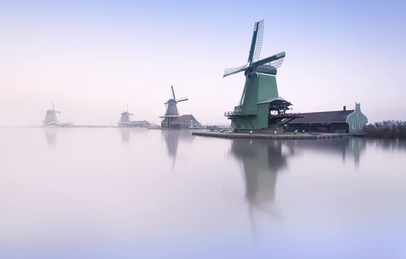 Фото обои природа, туман, утро, Mystic Windmills