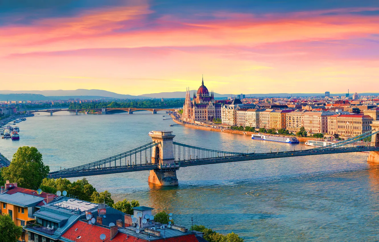 Фото обои Дома, Мост, Река, Панорама, Венгрия, Hungary, Будапешт, Danube River